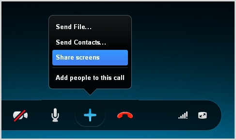 The Share screens option selected from the list that appears after clicking the plus button during a call.