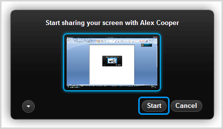 The preview of the screen and the Start button selected in the dialog box.