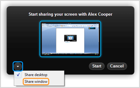 The Share window option selected from the list that appears after clicking the down arrow button in the dialog box.