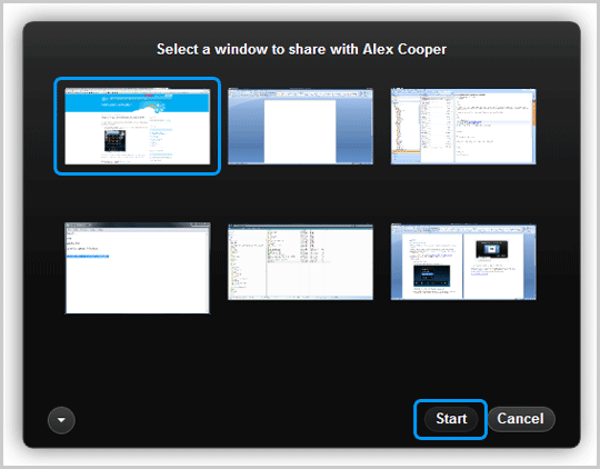 The window to be shared and the Start button selected in the dialog box.