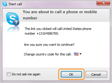 Confirm that you are sure to proceed with calling a phone number from the website using Skype Credit or Subscription.