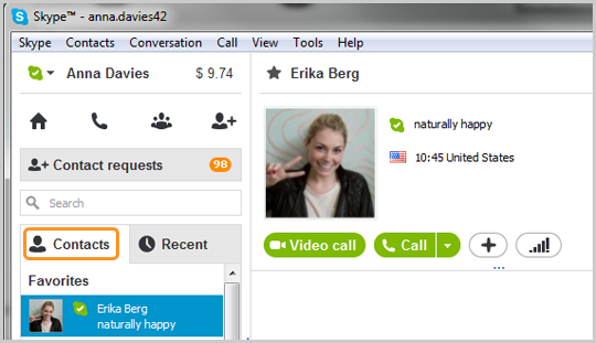Contactos seleccionada en la ventana principal de Skype.
