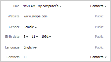An example of a profile section where you can edit your Skype profile information and control who can see it.